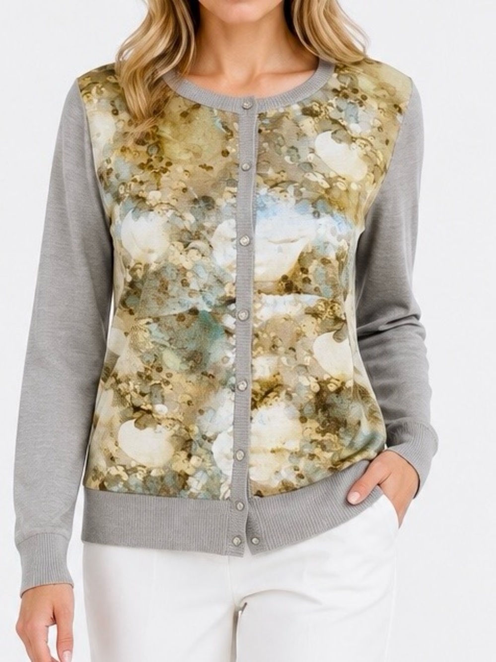 NEW YORK & CO. Lightweight Grey Cardigan w Silky Beige Watercolor Front — LHP